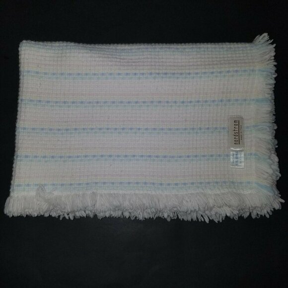 VTG Nordstrom Stripe Knit Baby Blanket Acrylic Pastel Pink Blue Yellow Italy - Picture 1 of 5